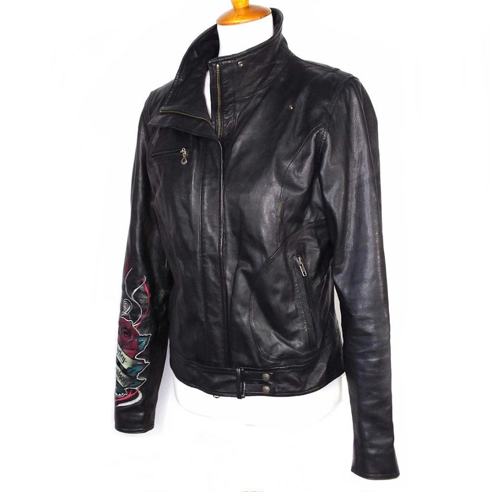 Harley Davidson Black Leather Moto Jacket Embroidered Logo Rose Size Medium - Picture 4 of 12